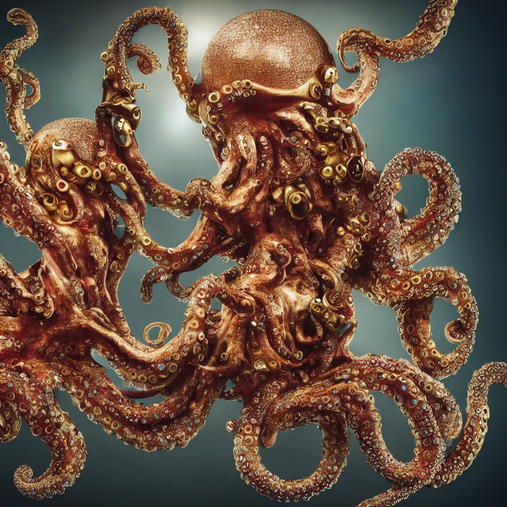 Image similar to a high-resolution color-chrome extreme closeup portrait photo of a octopus kissing a incredible elegant pale renaissance rococo Queen, with ornate jewelled, rococo Queen, sci-fi, high-tech, beautiful low light, style Steve McCurry Octane render 8k