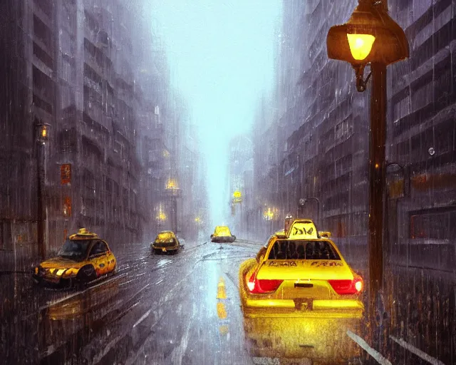 Prompt: a taxi cab driving down a rainy road, gaslight, street lamps. Anime, By Makoto Shinkai, Stanley Artgerm Lau, WLOP, Rossdraws, James Jean, Andrei Riabovitchev, Marc Simonetti, krenz cushart, Sakimichan, trending on ArtStation, digital art.