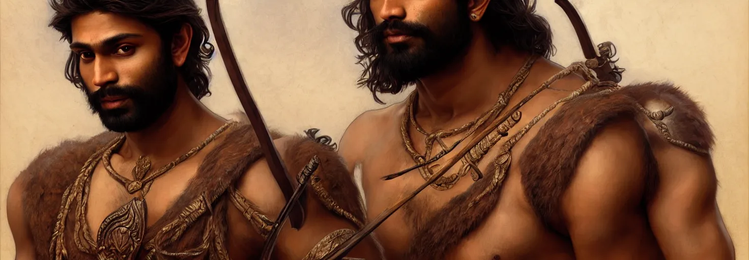 Prompt: renaissance upper body portrait of a gruff ranger with a spear, Indian South Asian, lean and toned, handsome face, hairy chest, D&D, intricate, elegant, highly detailed, digital painting, artstation, concept art, matte, sharp focus, illustration, art by da Vinci, Artgerm and Greg Rutkowski and Alphonse Mucha