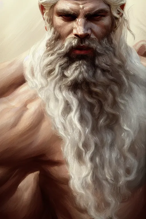 Image similar to painted portrait of rugged zeus, god of thunder, greek god, white hair, masculine, powerful, handsome, opulent, upper body, white robe, muscular, hairy torso, fantasy, intricate, elegant, highly detailed, digital painting, artstation, concept art, smooth, sharp focus, illustration, art by gaston bussiere