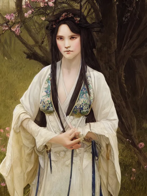 Image similar to portrait of a beautiful seductive european girl wearing hanfu, farm background, fantasy, d & d, dark eyeliner, intricate, elegant, highly detailed, digital painting, artstation, concept art, matte, sharp focus, illustration, art by greg rutkowski and alphonse mucha