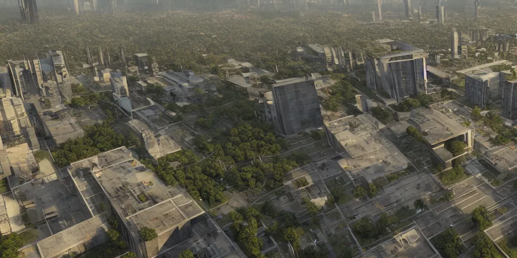 Prompt: brutalist architecture with perfect straight edges, abandoned streetscapes surrounded by lush green forest, aerial view, stunning volumetric lighting, sunset, rusted steel, solid concrete, glass, stunning skies, trending on Artstation, 8k, photorealistic, hyper detailed, unreal engine 5, IMAX quality, cinematic, epic lighting, in the style of the game DOOM, by Greg Rutkowski