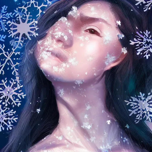 Image similar to a pretty face turning into silk snowflakes. artstation award