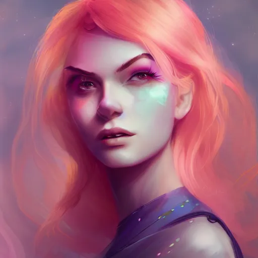 Prompt: portrait of a woman inspired by lois van baarle, charlie bowater, illustration iridescent, iridescent hair, face, hair styles, light make up self confidence, cinematic 8 k