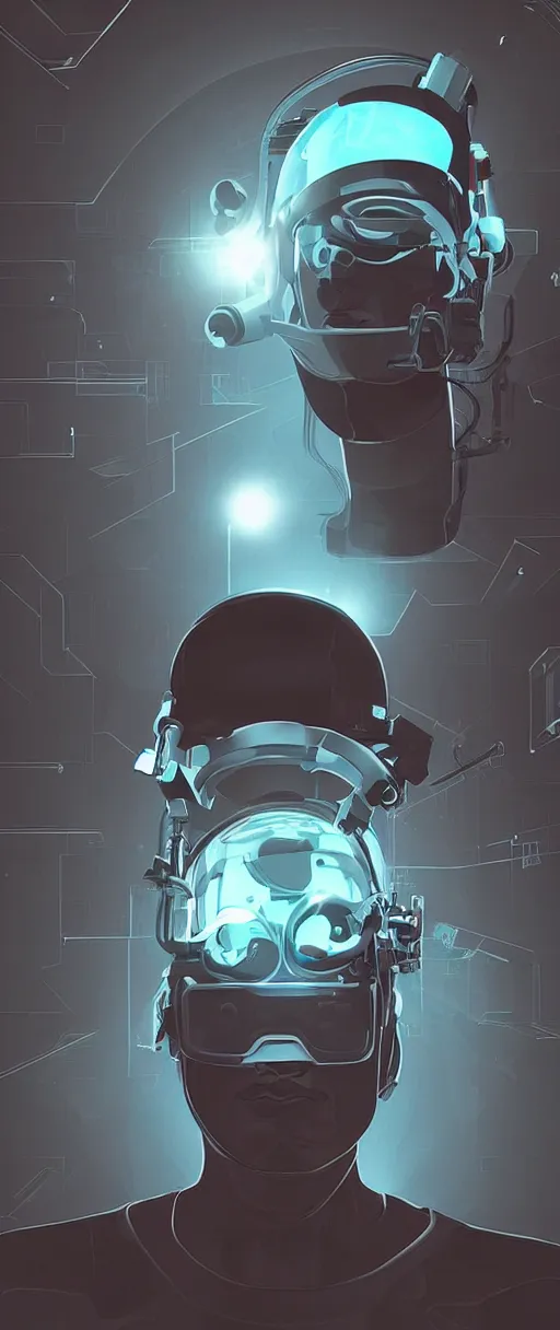 Image similar to Sci-fi illustration of a man in futuristic VR goggles by Pascal Blanché