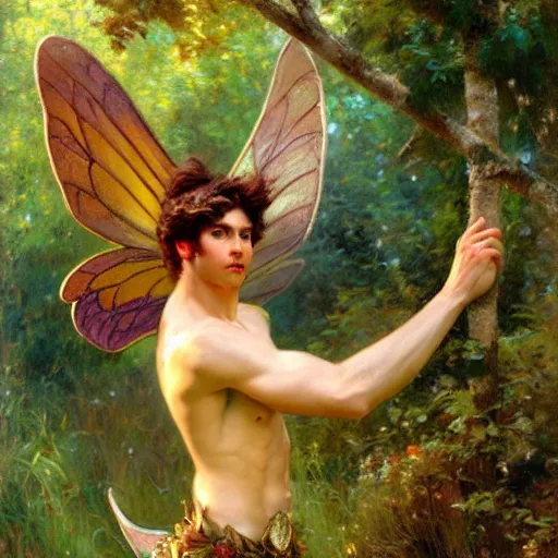 Image similar to attractive male fairy with wings in the forest, posing. highly detailed painting by gaston bussiere, craig mullins, j. c. leyendecker, 8 k