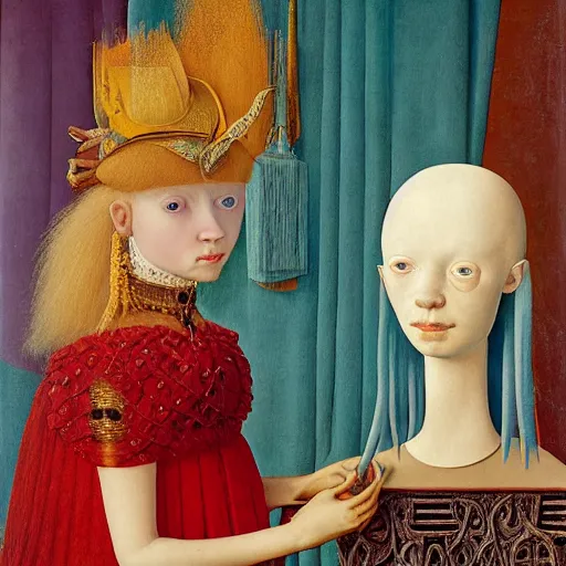 Image similar to portrait of albino girl with blue eyes, with beautiful exotic, archaic, prehistoric, Balinese mask, sculpture. Painting by Jan van Eyck, Audubon, Rene Magritte, Agnes Pelton, Max Ernst, Walton Ford,