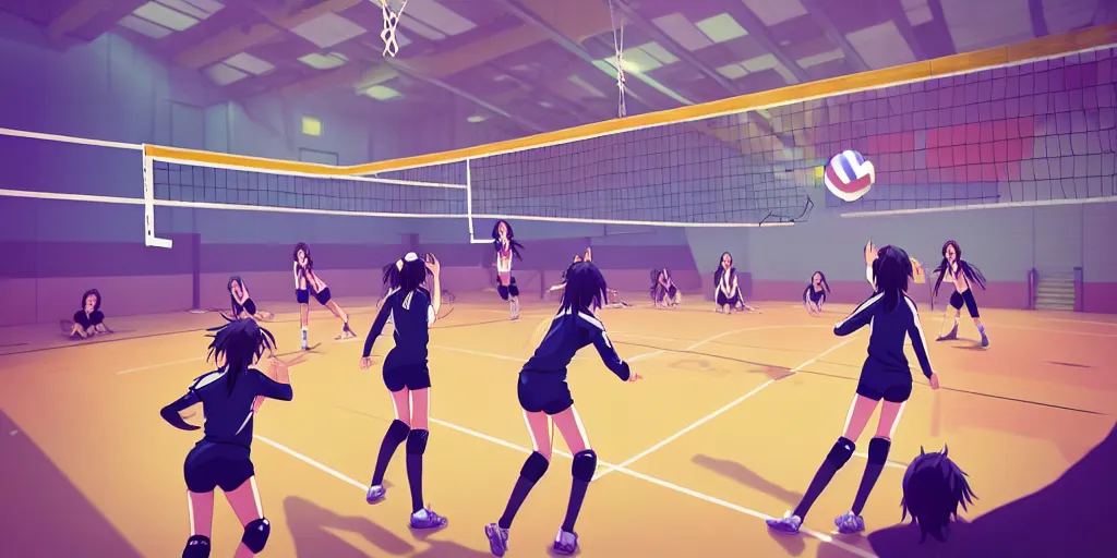 Prompt: girls chilling in school gymnasium playing volleyball, anime style, 2 d, pixel art, digital art, makoto shinkai style, colorful, highly render, octane render, hand drawing style, japanese anime style,