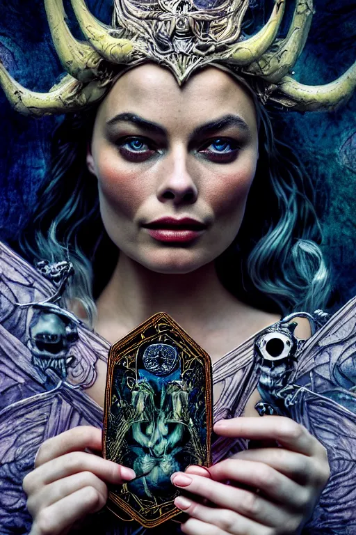 Image similar to Cinestill 50d, 8K, highly detailed, major arcana H.R Giger art nouveau nightmare Agnieszka Lorek tarot star card style 3/4 extreme closeup portrait of margot robbie, eye contact, focus on model, tilt shift background: famous major arcana tarot remake, transformation scene