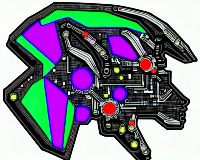 Image similar to cybernetic evil goat head merged with complex circuitry and machinery, multicolored