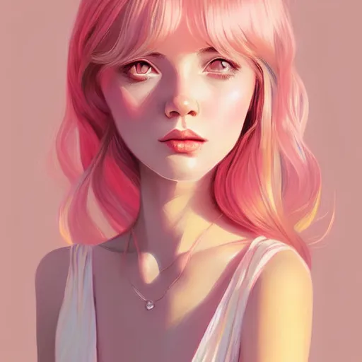 Image similar to young female in summer dress art, pastel light pink long hair, muted colors, matte print, pastel colors, ornate, digital art, digital painting, fan art, elegant, artstation, head is centered, by Ilya Kuvshinov