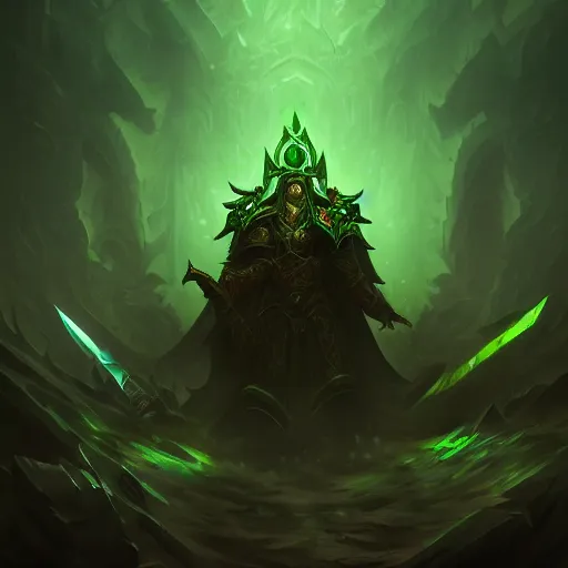 Prompt: The blade of the ruined king, digital illustration, ethereal, the void, ominous green background, very detailed, stylized, concept art, trending on artstation, high definition, by Riot Games, League of legends