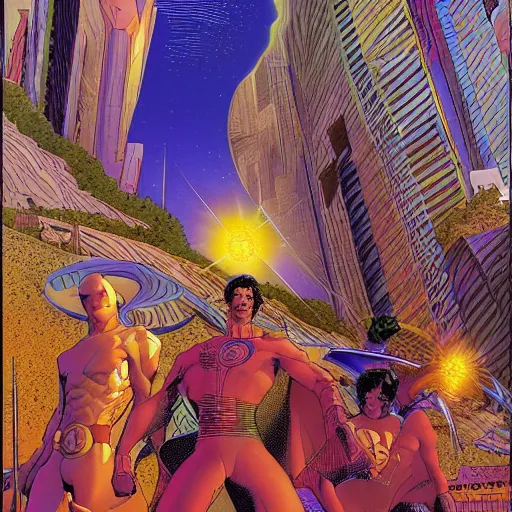 Prompt: heaven city art by jean giraud, moebius, don lawrence and alex ross and john romita jr, smooth focus, sharp details, detailed details, bokeh, 4 k, fine 5 k details