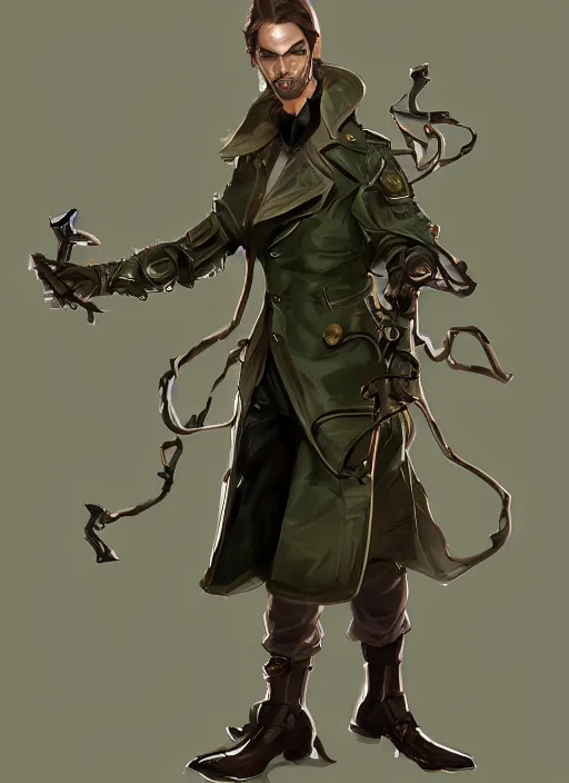 Image similar to a highly detailed illustration of thick wavy brown haired young white guy wearing brown detective trench coat and wearing dark green mask, with long mechanical arms on his back, dramatic standing pose, intricate, elegant, highly detailed, centered, digital painting, artstation, concept art, smooth, sharp focus, league of legends concept art, WLOP