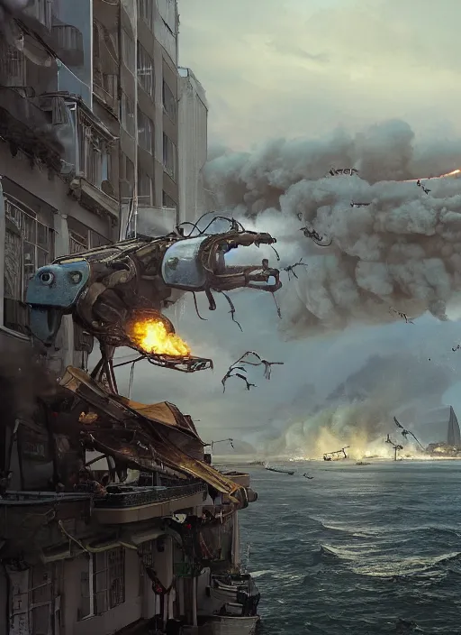 Image similar to hyper realistic squid robot attacking cape town city harbor explosions, atmospheric beautiful details, strong composition painted by kim jung giu weta studio rutkowski, james gurney and greg rutkowski, and lucasfilm