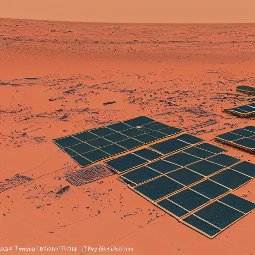 Prompt: technical diagram, city network, voxel based world, space mining station on the surface of mars, myriad of interconnected yellow drop pod structures, solar panel arrays, buildings connected via tubes