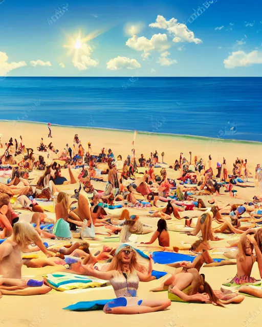 Prompt: thousands of hippie sunbathers on a beach, together form a peace symbol, photorealistic