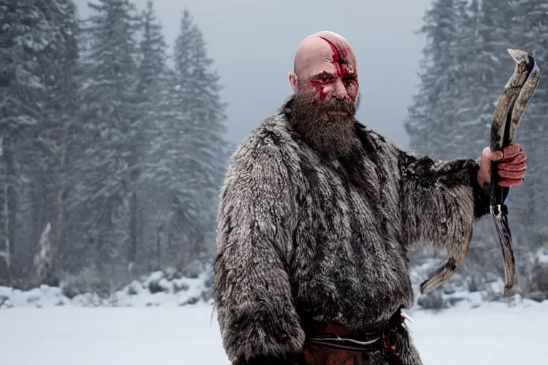 Image similar to vfx movie tough bald man in furs, natural grizzled skin, streaks of red face paint grey beard, holding two detailed viking axes, in snowy tahoe by emmanuel lubezki