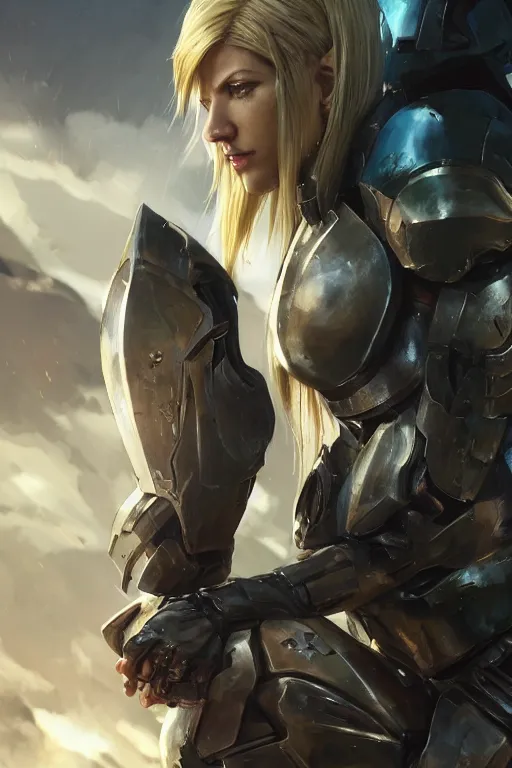 Prompt: a close up of Katheryn Winnick wearing Samus\'s armor by Greg Rutkowski, Sung Choi, Mitchell Mohrhauser, Maciej Kuciara, Johnson Ting, Maxim Verehin, Peter Konig, 8k photorealistic, cinematic lighting, HD, high details, dramatic, trending on artstation, full body shot