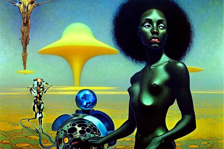 Prompt: realistic extremely detailed portrait painting of a beautiful black woman with a robot, futuristic sci-fi landscape on background by Jean Delville, Amano, Yves Tanguy, Ilya Repin, Alphonse Mucha, Ernst Haeckel, Edward Robert Hughes, Roger Dean, rich moody colours, blue eyes