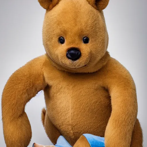 Prompt: photo of a british man who looks like as winnie - the - pooh ( pooh bear ), award winning professional studio photography