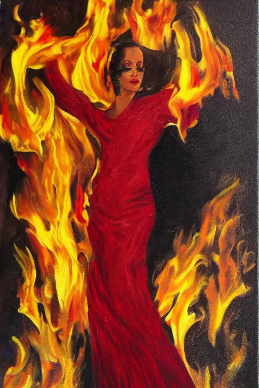Image similar to oil painting of spanish flamenco dancer wearing a red dress made of flowers engulfed in flames, she's standing waist deep in water, dimly lit, looking away, dark shadows, ethereal, foggy, moody, surreal