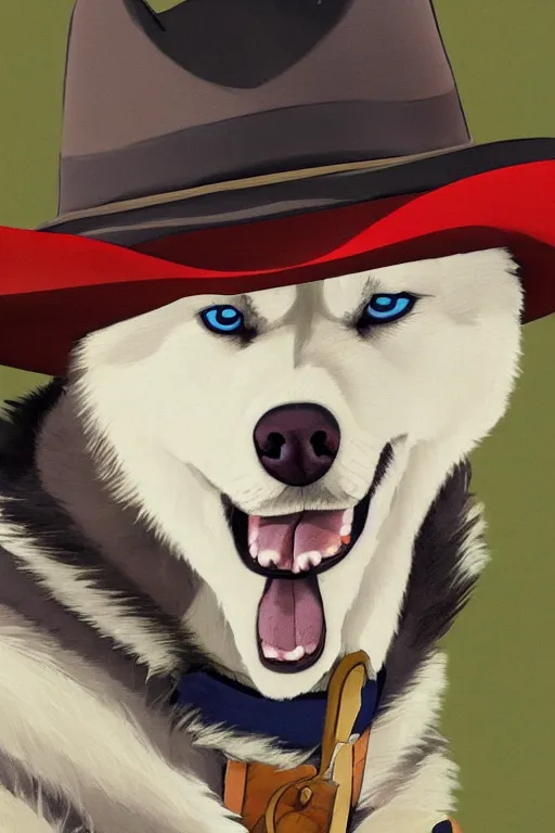 Image similar to a portrait painting of a husky in cowboy costume, wearing a cowboy hat, by studio ghibli, in the style of anime, [ red dead ], [ western film ], humanoid, personify, anthropomorphic, trending on artstation