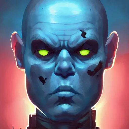 Prompt: centered portrait of an angry soldier with glowing blue eyes, a bald head and blue skin with many scars, rogue trooper, cyberpunk dark fantasy art, gta 5 cover, official fanart behance hd artstation by jesper ejsing, by rhads, makoto shinkai and lois van baarle, ilya kuvshinov, ossdraws