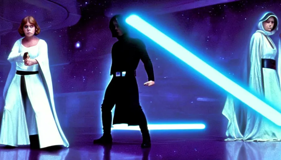 Image similar to screenshot portrait of Luke Skywalker and Princess Leia, facing off against an incredibly haunting female sith lord in white, on a sith planet of purple magic maelstrom, iconic scene from the 1970s sci fi thriller film by Stanley Kubrick, HR Geiger, stunning cinematography, hyper-detailed, sharp, anamorphic lenses, kodak color stock, 4k, stunning