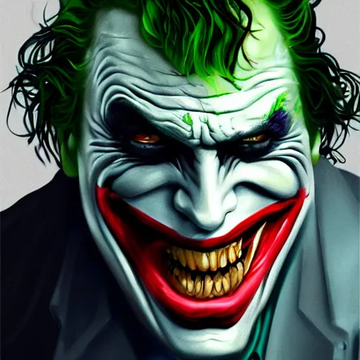 Prompt: the joker wearing the dark knight mask, snarling teeth, digital painting, amazing detail, art station, cgsociety