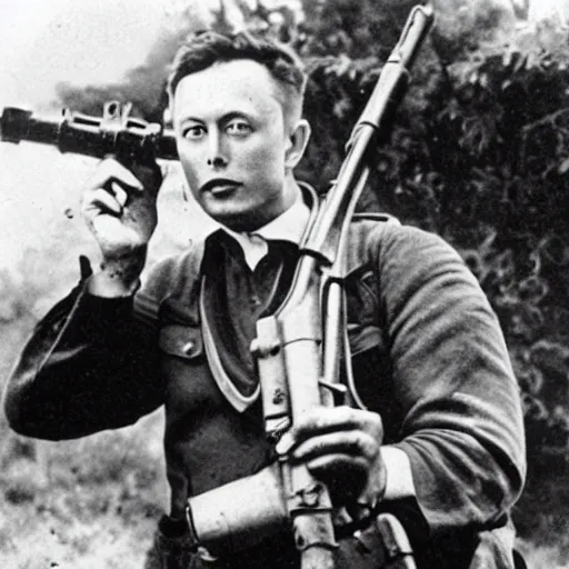 Image similar to old wartime photograph of elon musk holding a lewis gun, 1 9 1 7