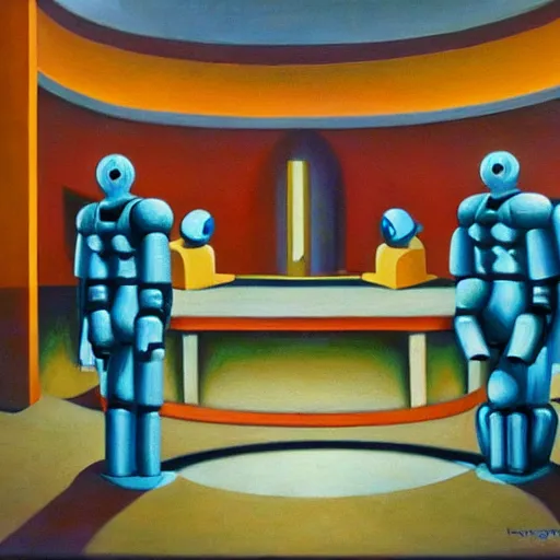 Prompt: robots praying at a shrine to the last living human, dystopian, surrealist, symmetrical, pj crook, edward hopper, oil on canvas