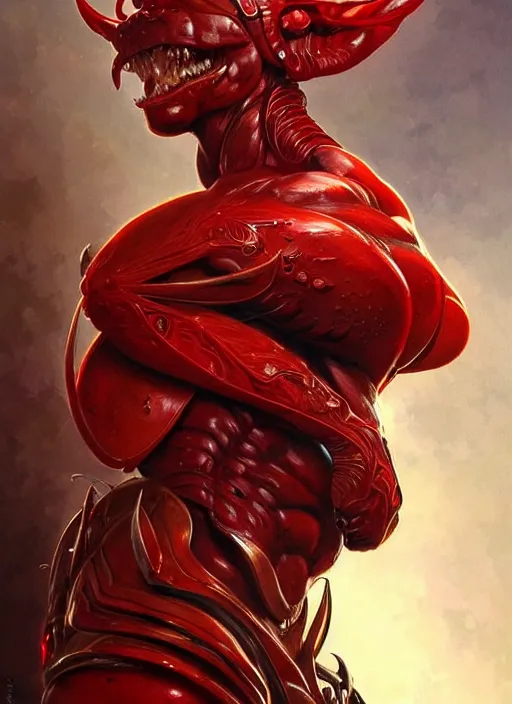 Image similar to portrait of aggressive ant humanoid, d & d, muscular! red, fantasy, intricate, elegant, highly detailed, digital painting, artstation, concept art, smooth, sharp focus, illustration, art by artgerm and greg rutkowski and alphonse mucha