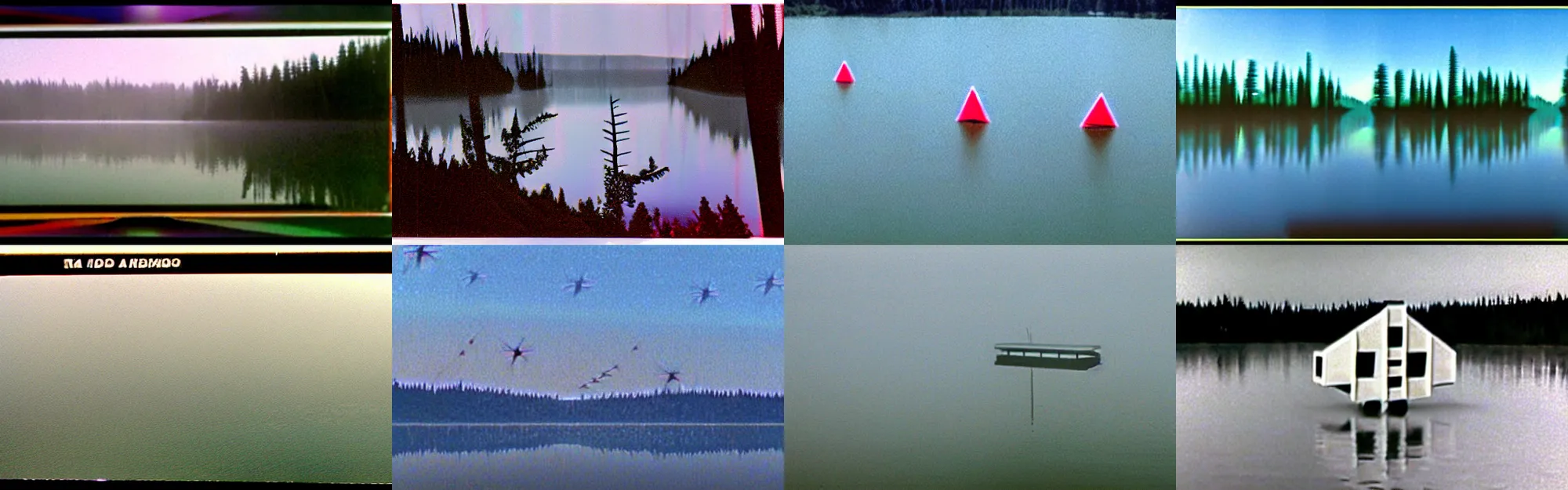 Prompt: 3 d primary shapes floating above a lake in rural alberta, fog, vhs footage, 1 9 8 0 s