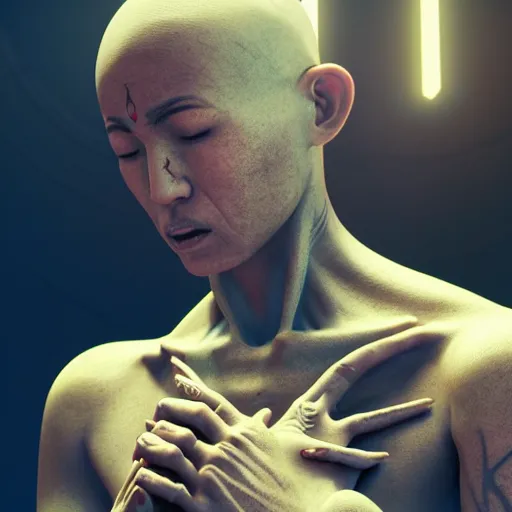 Image similar to an cybernetic monk praying with hands above head, monk robe and tattoos, octane render, unreal engine, 8 k, cinematic, artwork by ilya kuvshinov