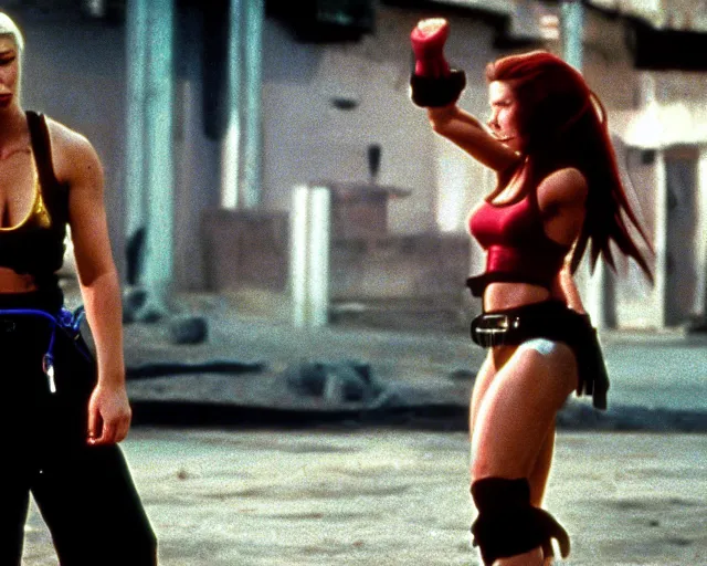 Prompt: a still of full body Elena, of Street Fighter, in the movie Hard Target (1993), HDR, high quality, 8k, highly detailed and intricate,