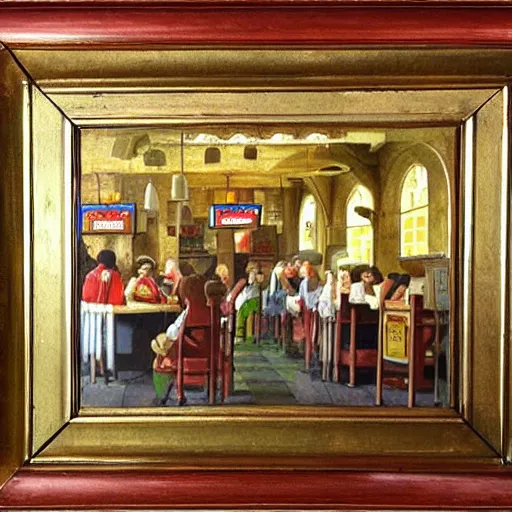 Image similar to oil painting of 1 5 th century mcdonalds restaurant