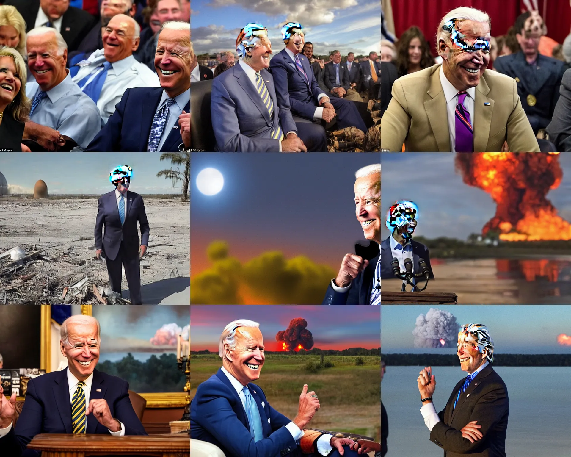 Prompt: Joe Biden watches with laughter as the state of Florida is destroyed in a nuclear explosion in the background, Evil, chaos, ornate, horror, detailed, colorful