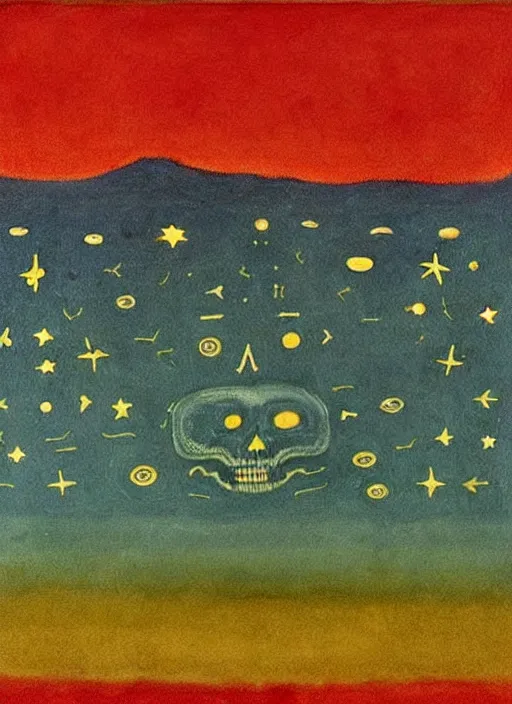 Image similar to wonky alien skeleton cook with knives in a dark green cloudy night sky with golden foil stars, occult symbols and tears, mountain lake and blossoming field in background, painted by mark rothko, helen frankenthaler, danny fox and hilma af klint, very pixelated, naive, expressionism