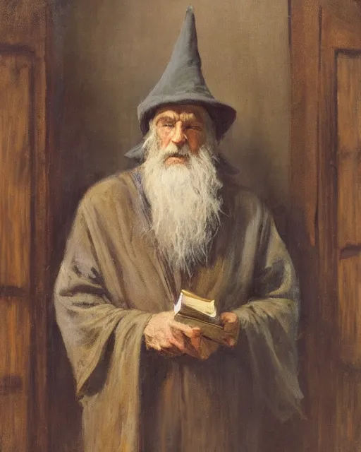 Image similar to Solomon Joseph Solomon and Richard Schmid and Jeremy Lipking victorian genre painting portrait painting of a old rugged actor wizard wearing a wizard hat and robe from the hobbit holding a book and standing in front of an ancient wooden door