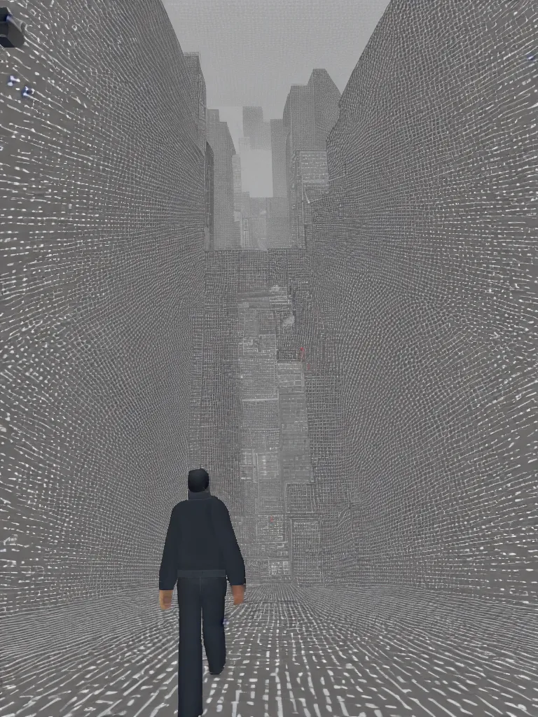 Prompt: PS1 game, man walking in city third person, static white noise glitching in the sky