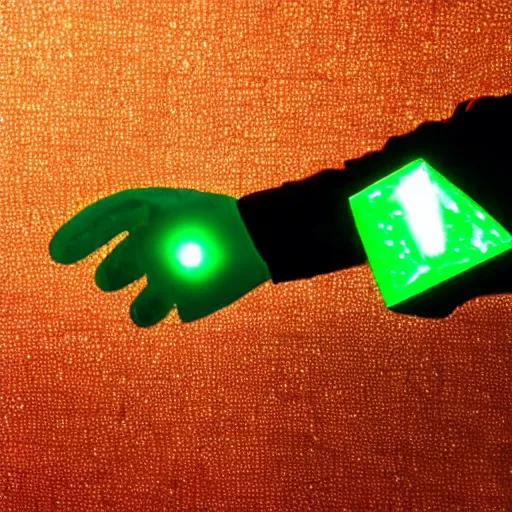 Image similar to a glowing shard of kryptonite held in an open black - gloved hand, pitch black background, glove dimly lit only by the green glow of the kryptonite