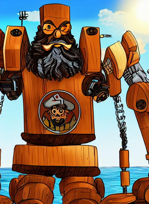 Prompt: A bearded pirate driving a giant wooden bipedal autobot transformer made out of pirate ship, mech suit, canons on arms, wooden mast for legs, sails, digital art