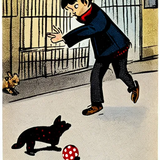 Image similar to book illustration of a french boy on the streets of paris playing football against a corgi, the dog is wearing a polka dot scarf, 1 9 6 6