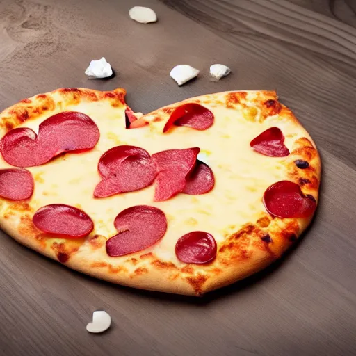 Image similar to heart shaped magerhita pizza with alot of cheese, 4 - 5 cherry tomata served on a wooden plate