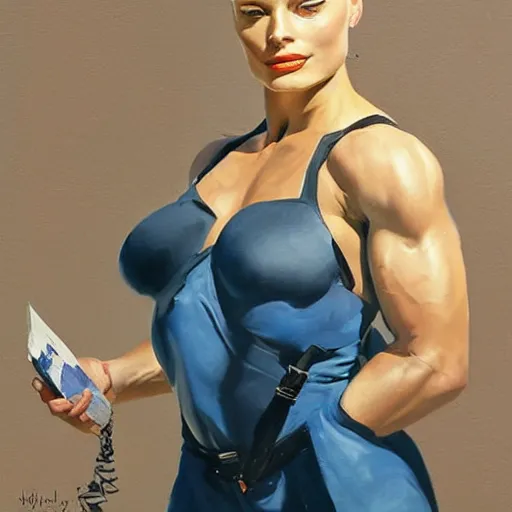 Image similar to greg manchess portrait painting of margot robbie with closed eyes as beautiful thick female bodybuilder zarya from overwatch, medium shot, asymmetrical, profile picture, organic painting, sunny day, matte painting, bold shapes, hard edges, street art, trending on artstation, by huang guangjian and gil elvgren and sachin teng