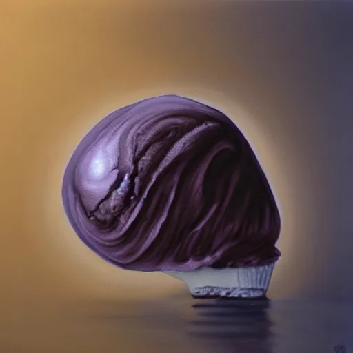 Image similar to Hyperrealistic symmetric painting of a levitating mirror-flavored ice cream cone filled with a huge blob of liquid mercury