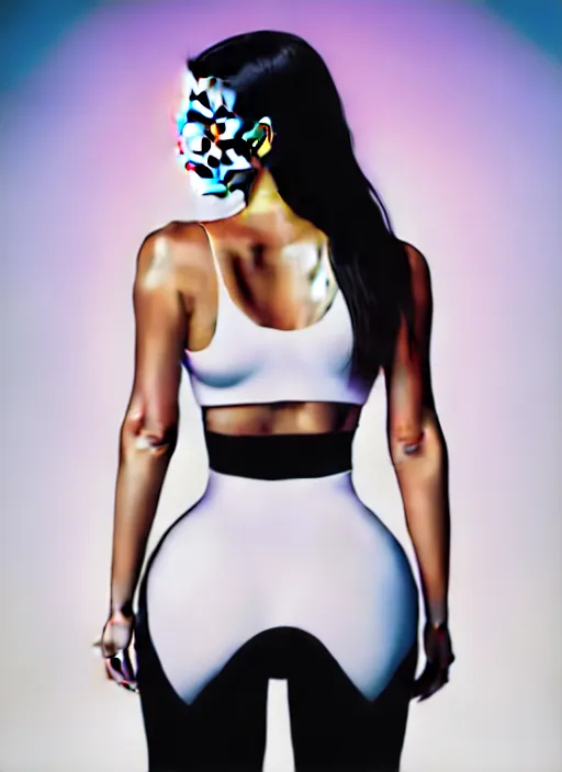 Image similar to kim kardashian, centered full body rear-shot, pov from rear, in skintight white sportswear, real photo, photoshooting, studio light, Irish mountains background, intricate, epic lighting, cinematic composition, hyper realistic, 8k resolution, unreal engine 5