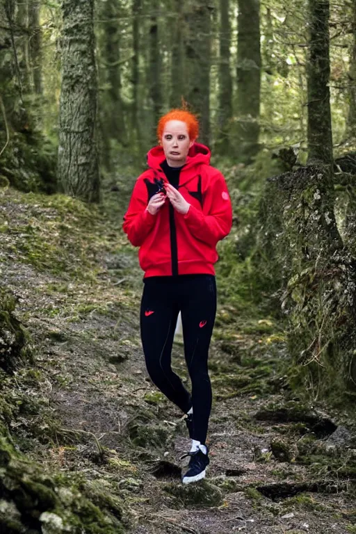 Image similar to beautiful red haired british woman in techwear, techwear look and clothes, Nike ACG, ACRNYM, Errolson Hugh, Y3, trending on r/streetwear, outfit photo, we see them from head to toe