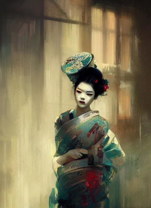 Image similar to female geisha girl, beautiful face, neon, rule of thirds, intricate outfit, spotlight, by greg rutkowski, by jeremy mann, digital painting